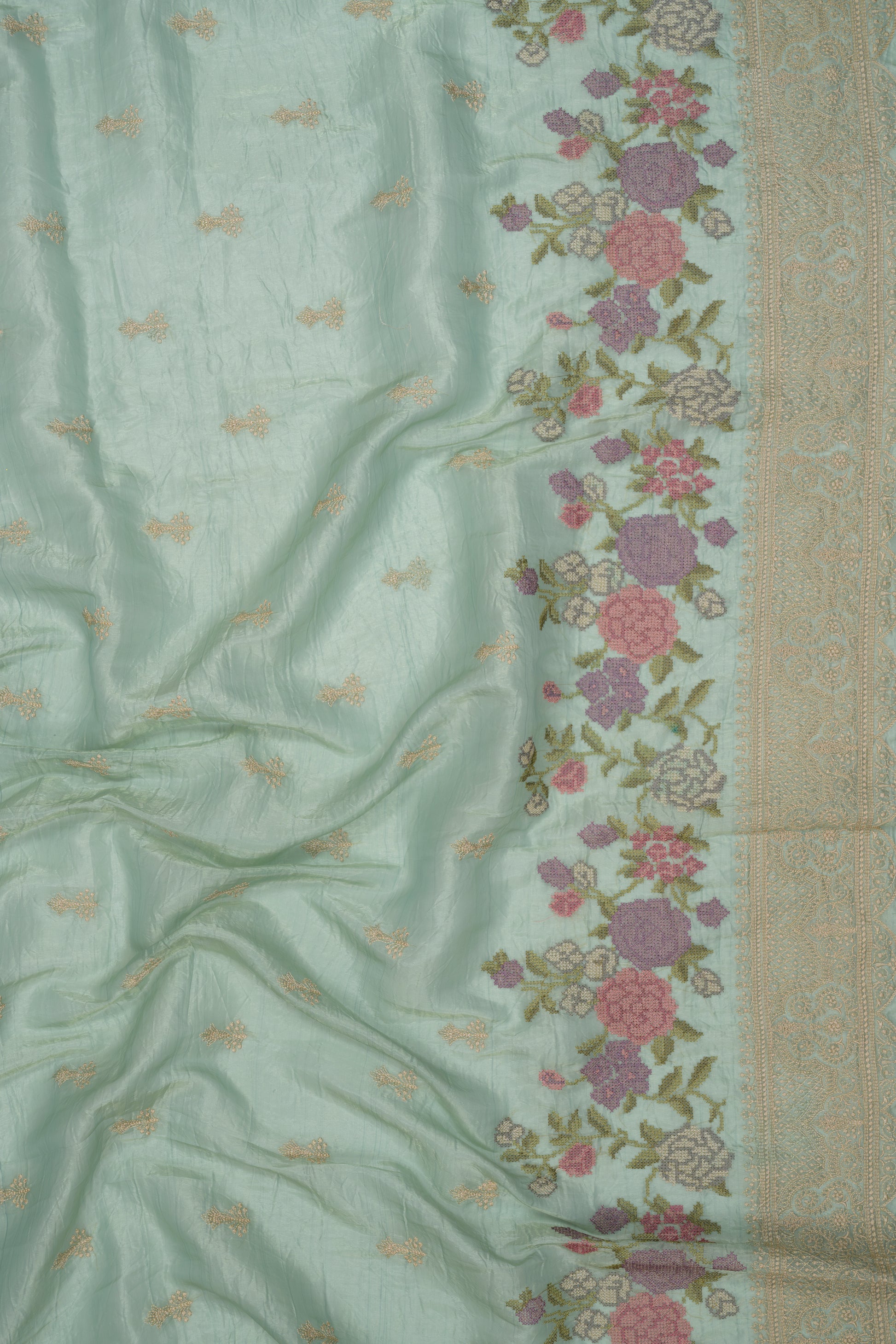 Tiffany Blue Embroidered Crush Tissue Saree