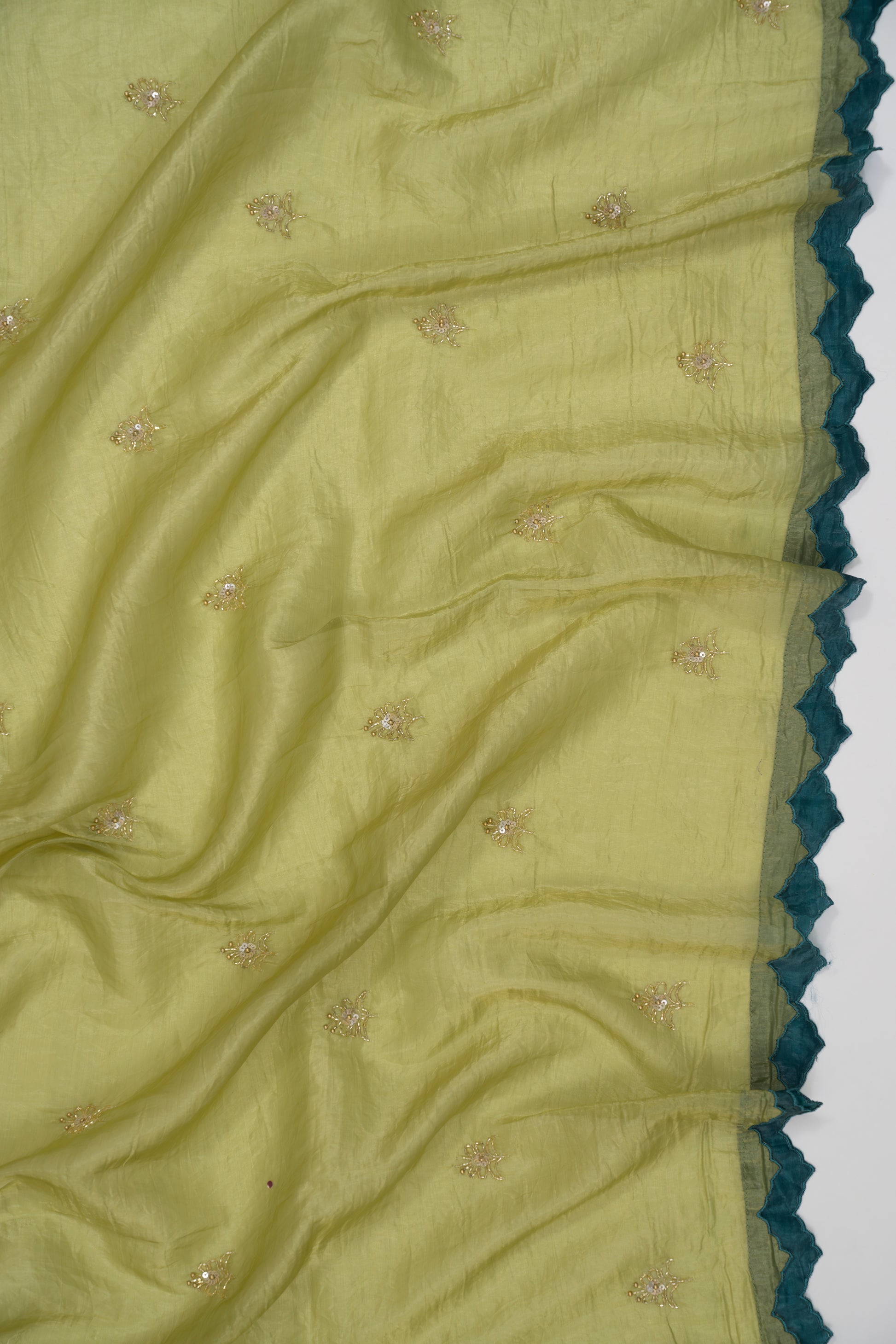 Leaf Green Embroidered Crush Tissue Saree