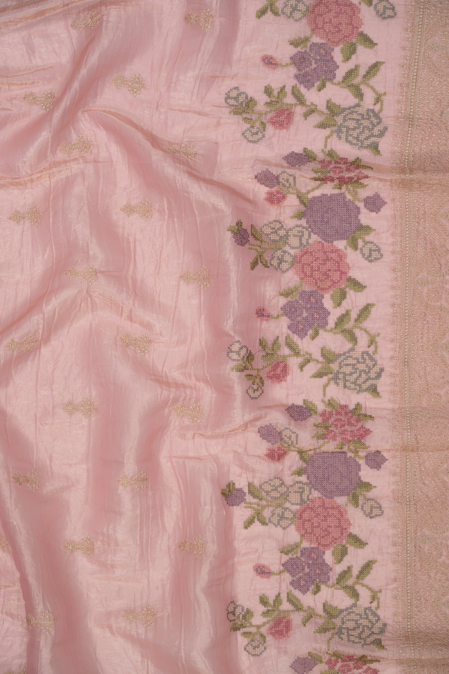 Dust Pink Embroidered Crush Tissue Saree