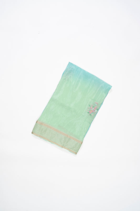 Green And Blue Embroidery Glass Tissue Saree