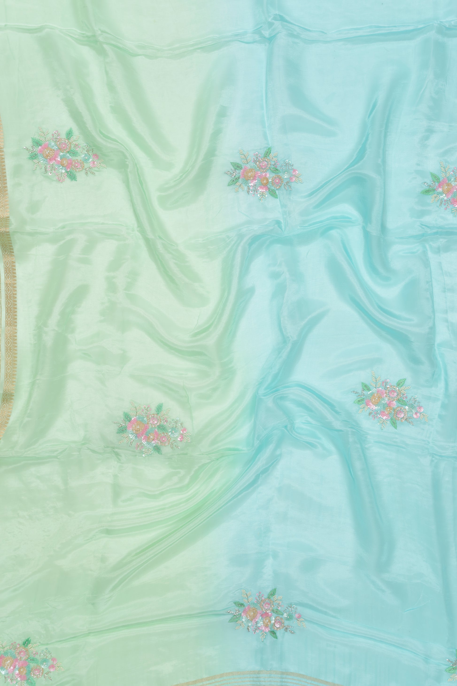 Green And Blue Embroidery Glass Tissue Saree