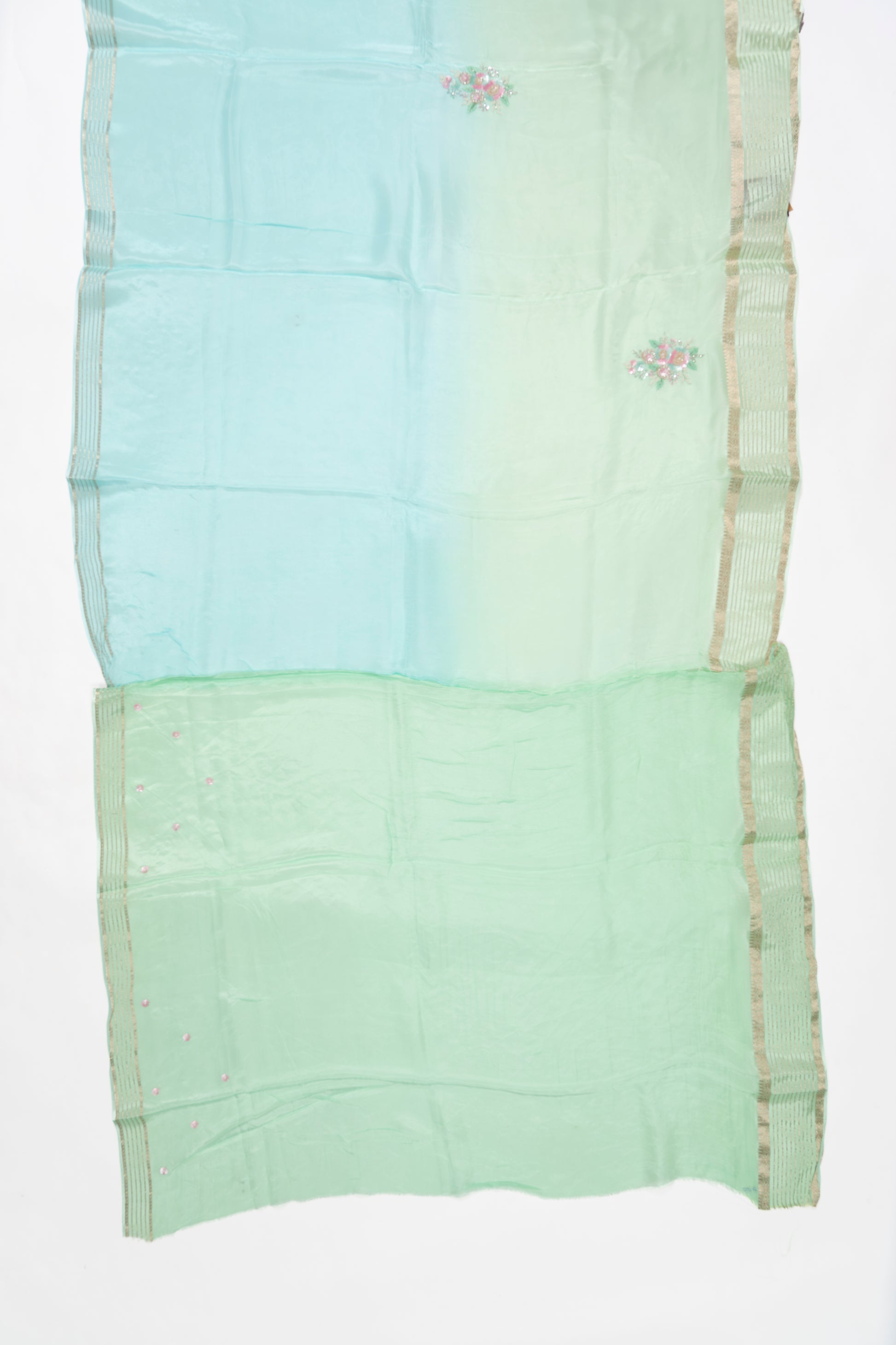 Green And Blue Embroidery Glass Tissue Saree
