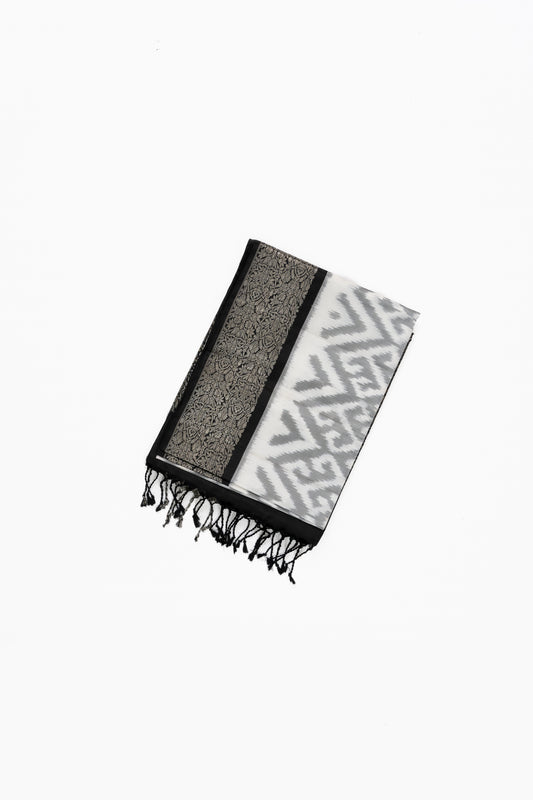 White & Black Ikat Soft Silk Saree 
