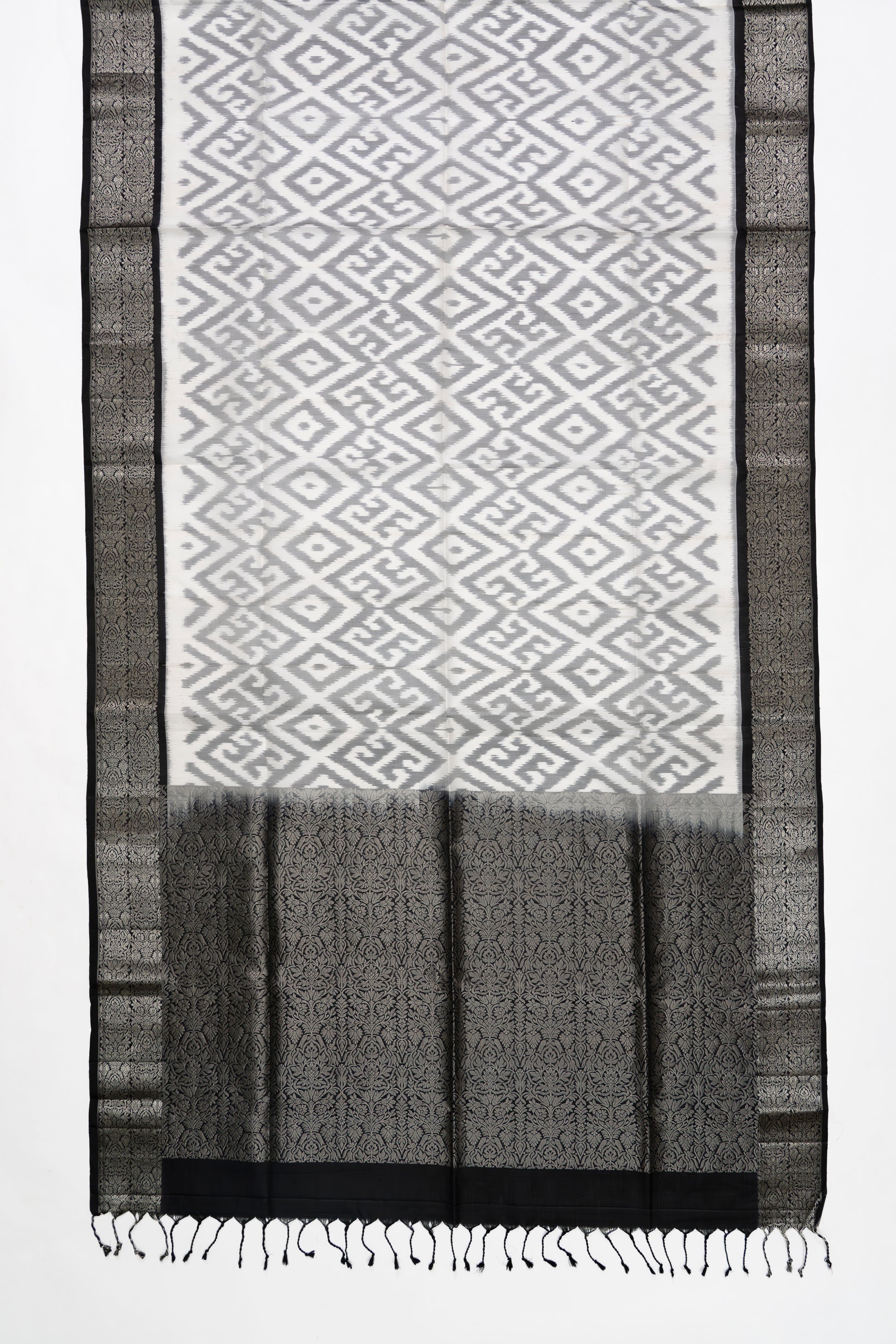 White & Black Ikat Soft Silk Saree 