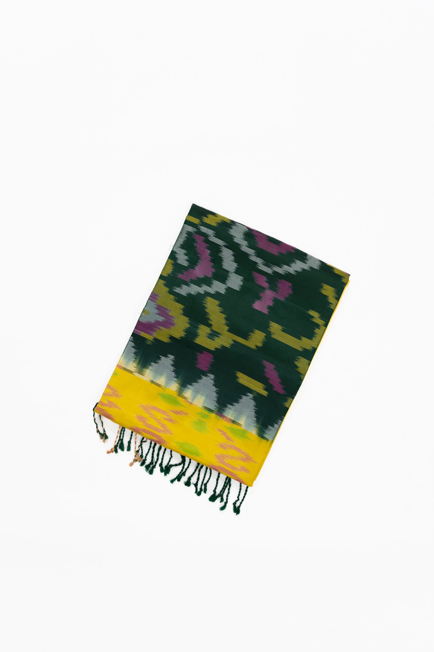 Bright Yellow & Green Ikat Soft Silk Saree 