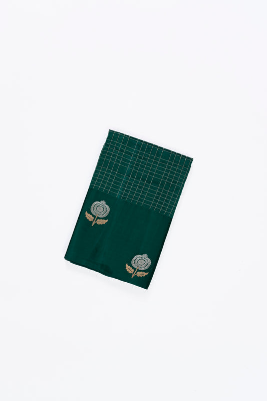 Bottle Green Checks Raw Mango Saree With Satin Border