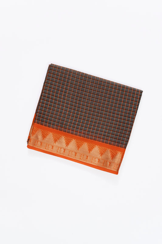 Grey & Orange Checks Chanderi Seiko Saree
