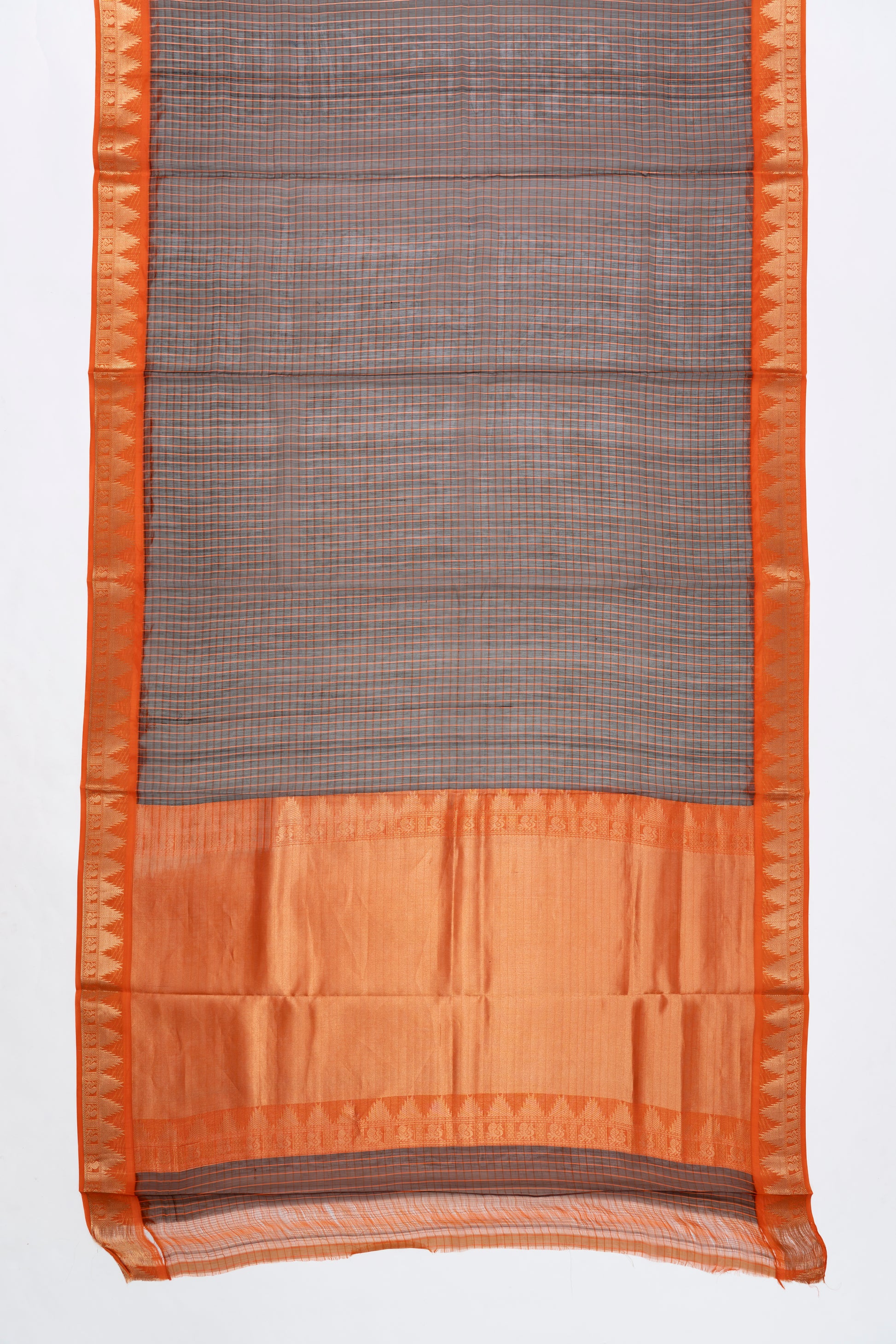 Grey & Orange Checks Chanderi Seiko Saree