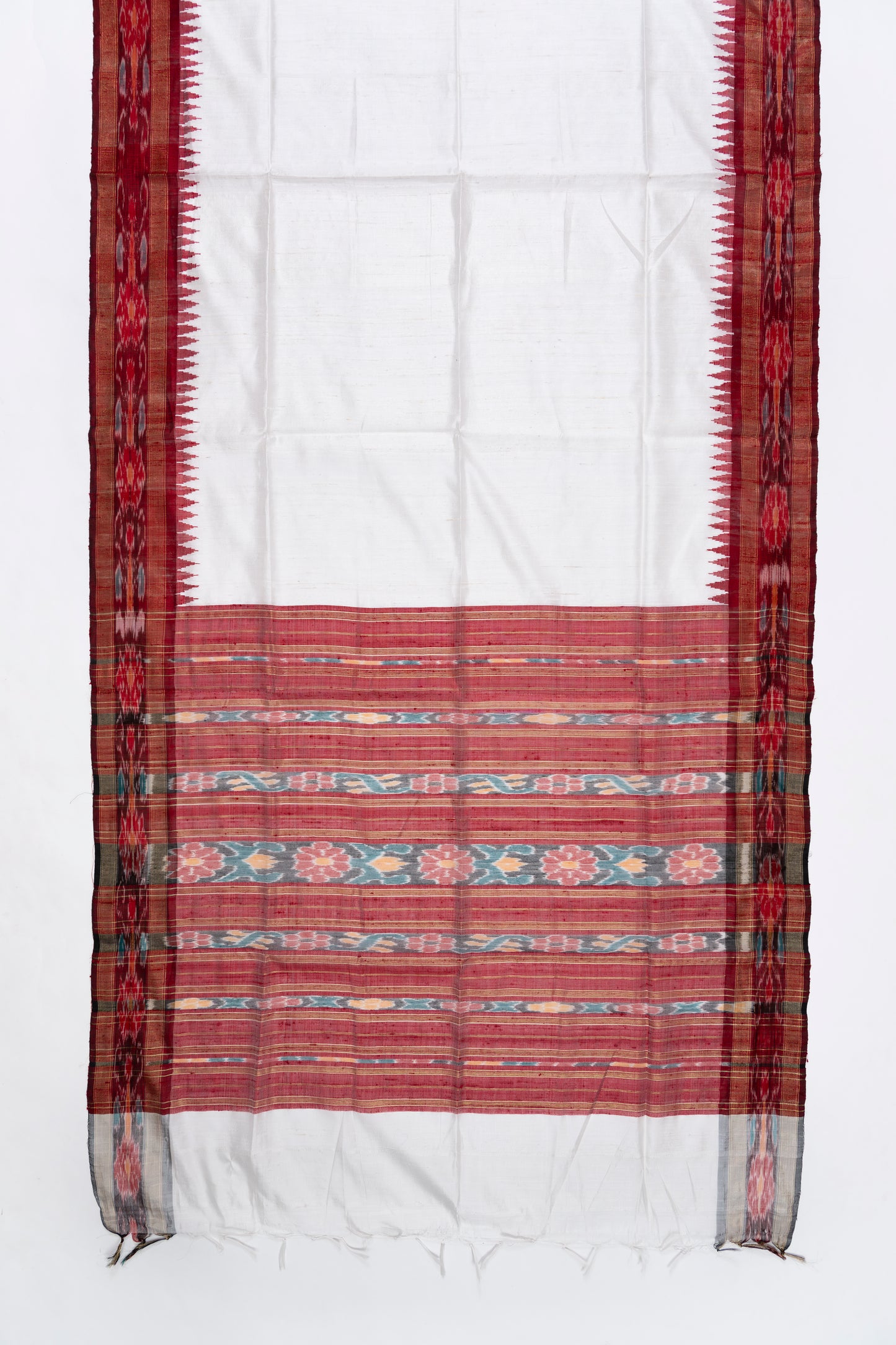 Ivory White & Red Jute Silk Saree 