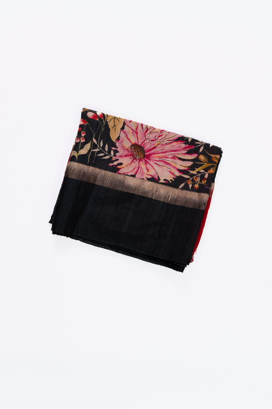 Deep Black Printed Tussar Silk Saree