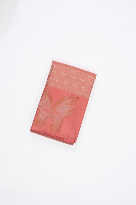 Peach Orange Jaal Kanchi Pattu Saree With Butterfly Border