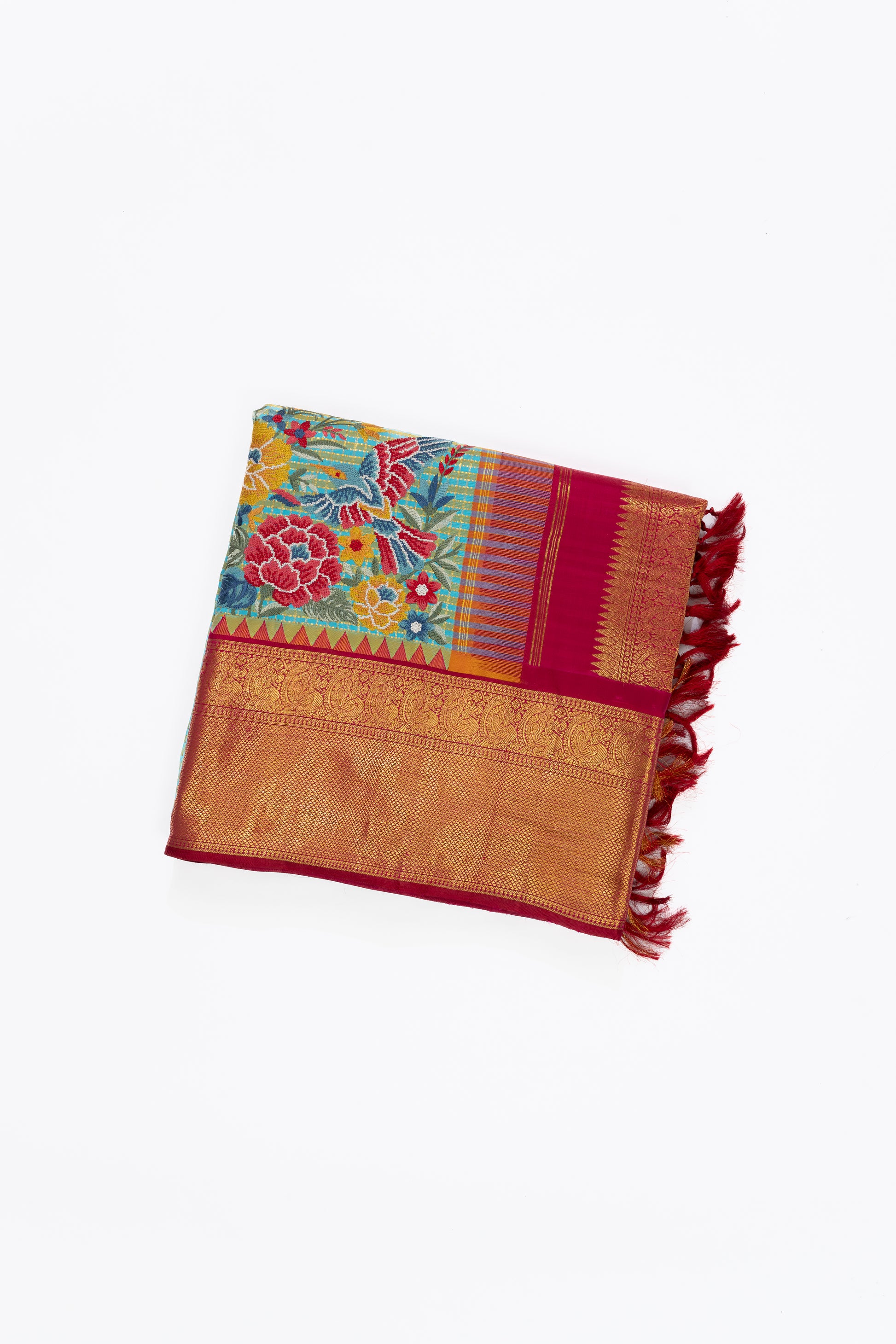 Aquamarine Blue & Pink Kanchi Saree With Embroidery