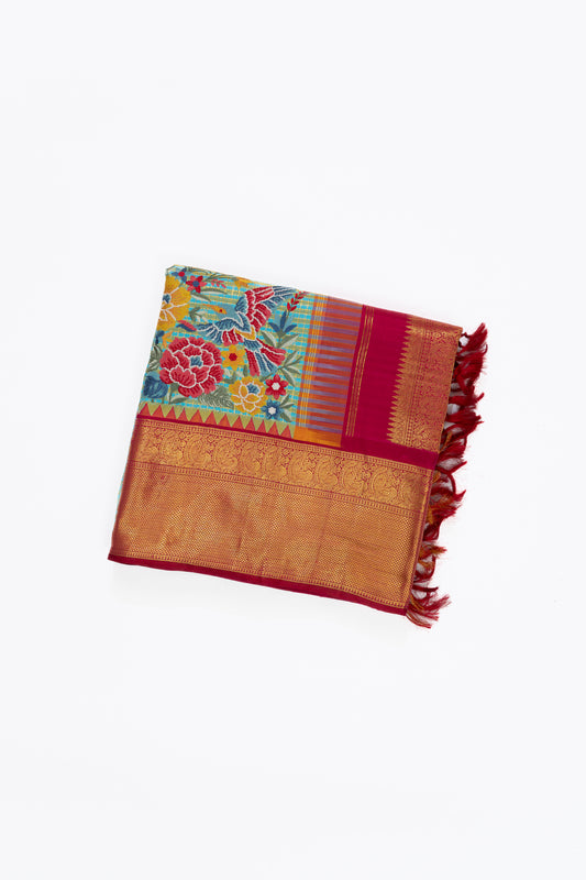 Aquamarine Blue & Pink Kanchi Saree With Embroidery