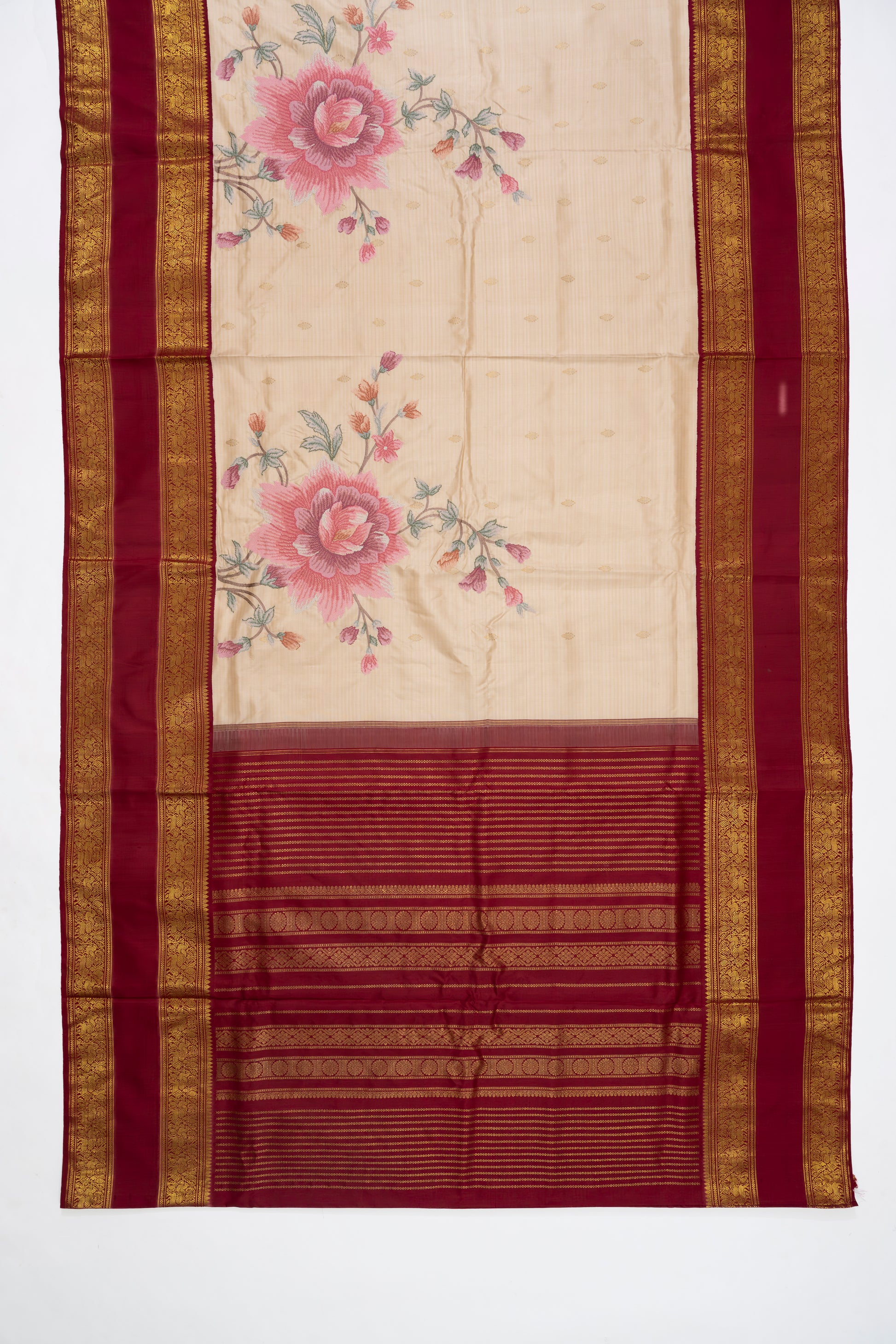 Cream And Maroon Kanchi Saree With Embroidery