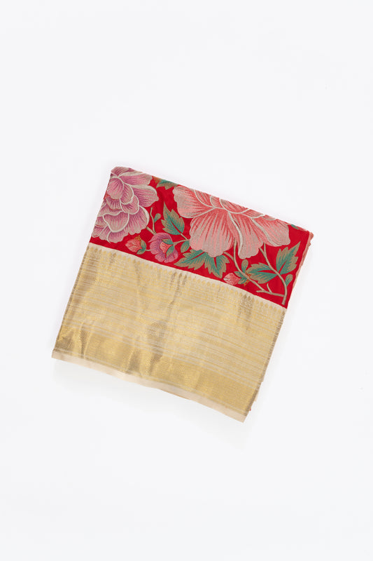 Red And Cream Kanchi Saree With Embroidery