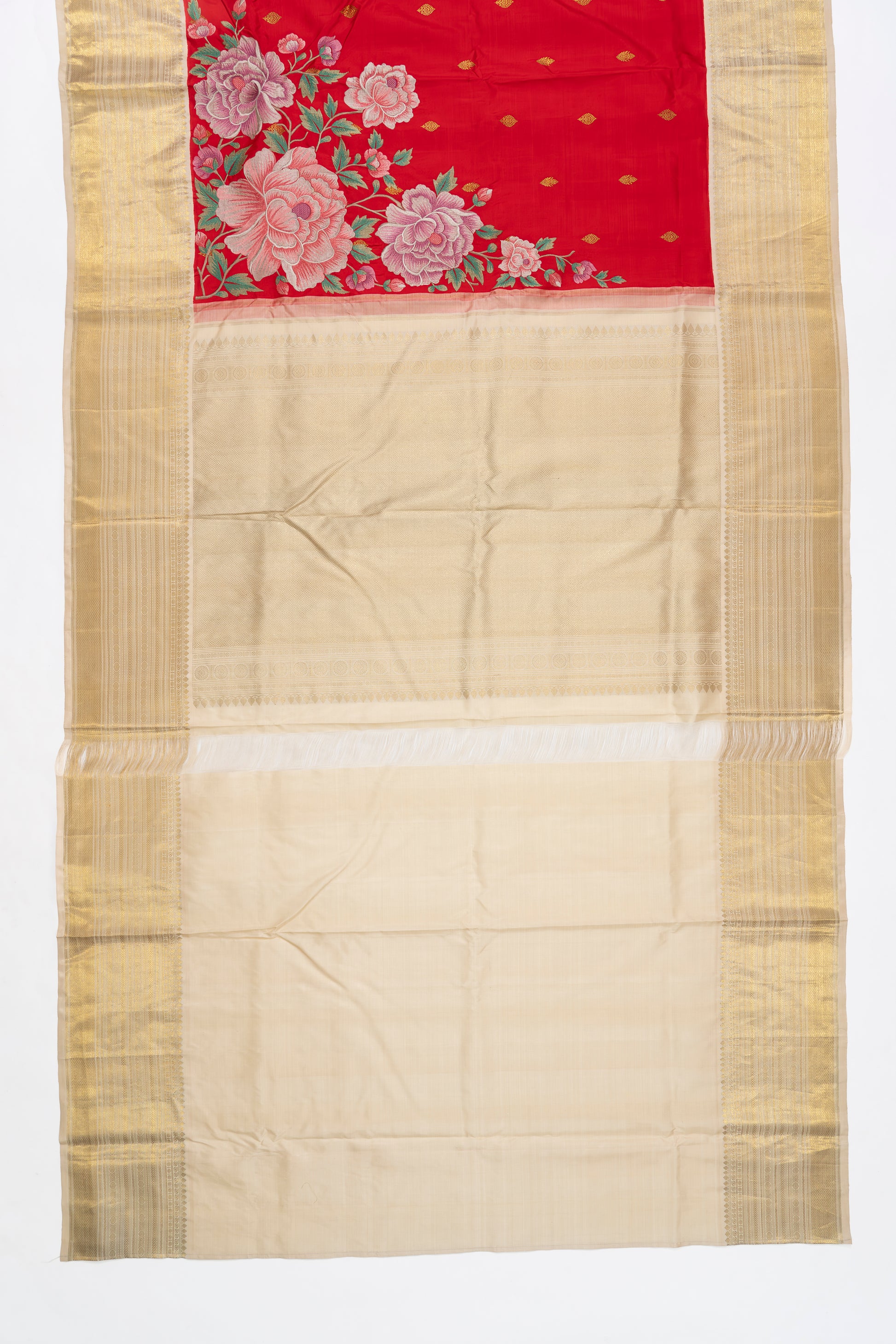 Red And Cream Kanchi Saree With Embroidery