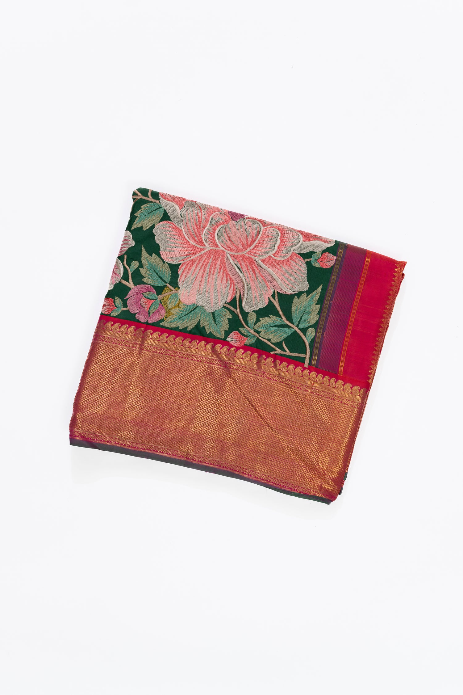 Bottle Green And Pink Kanchi Saree With Embroidery