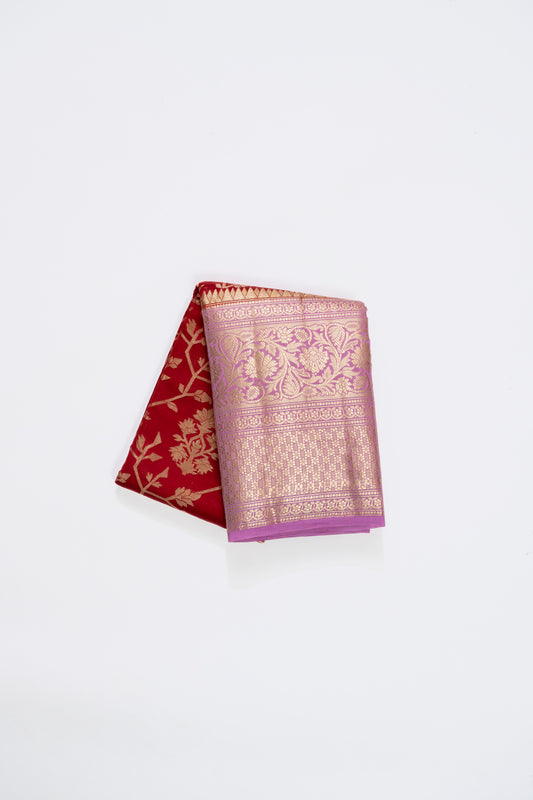 Bright Red & Purple Jaal Chiniya Silk Saree
