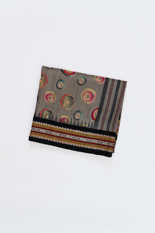 Grey And Black Printed Tussar Silk Saree