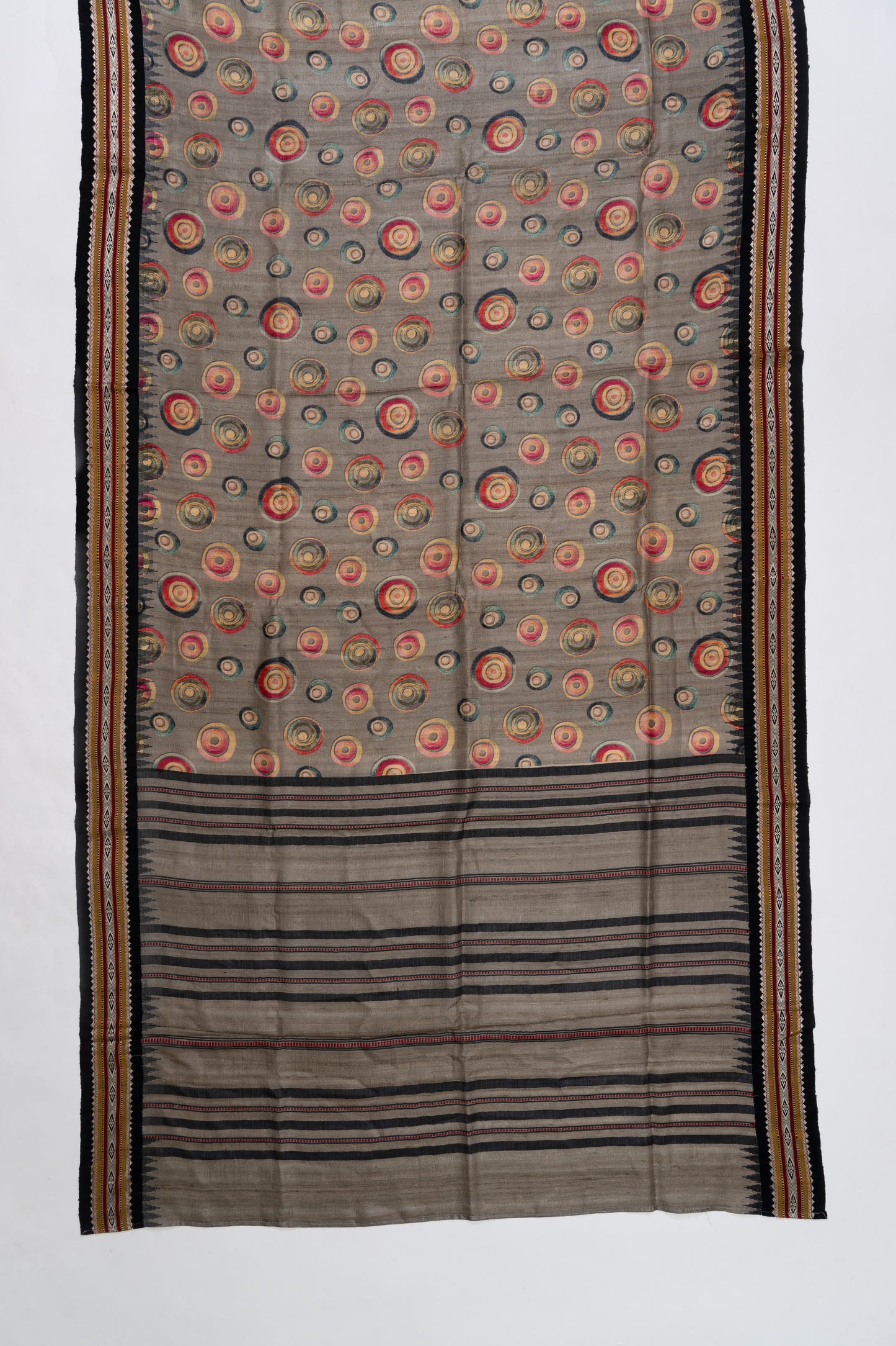 Grey And Black Printed Tussar Silk Saree
