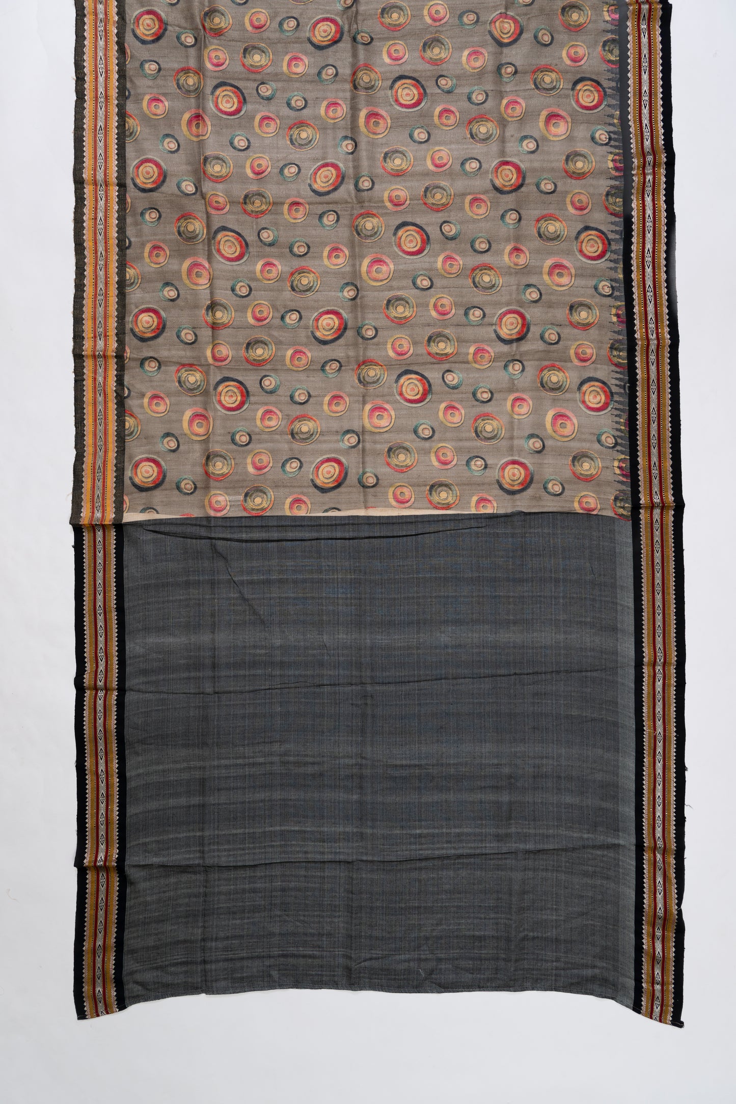 Grey And Black Printed Tussar Silk Saree