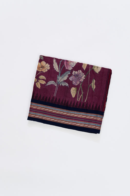 Wine And Navy Blue Printed Tussar Silk Saree