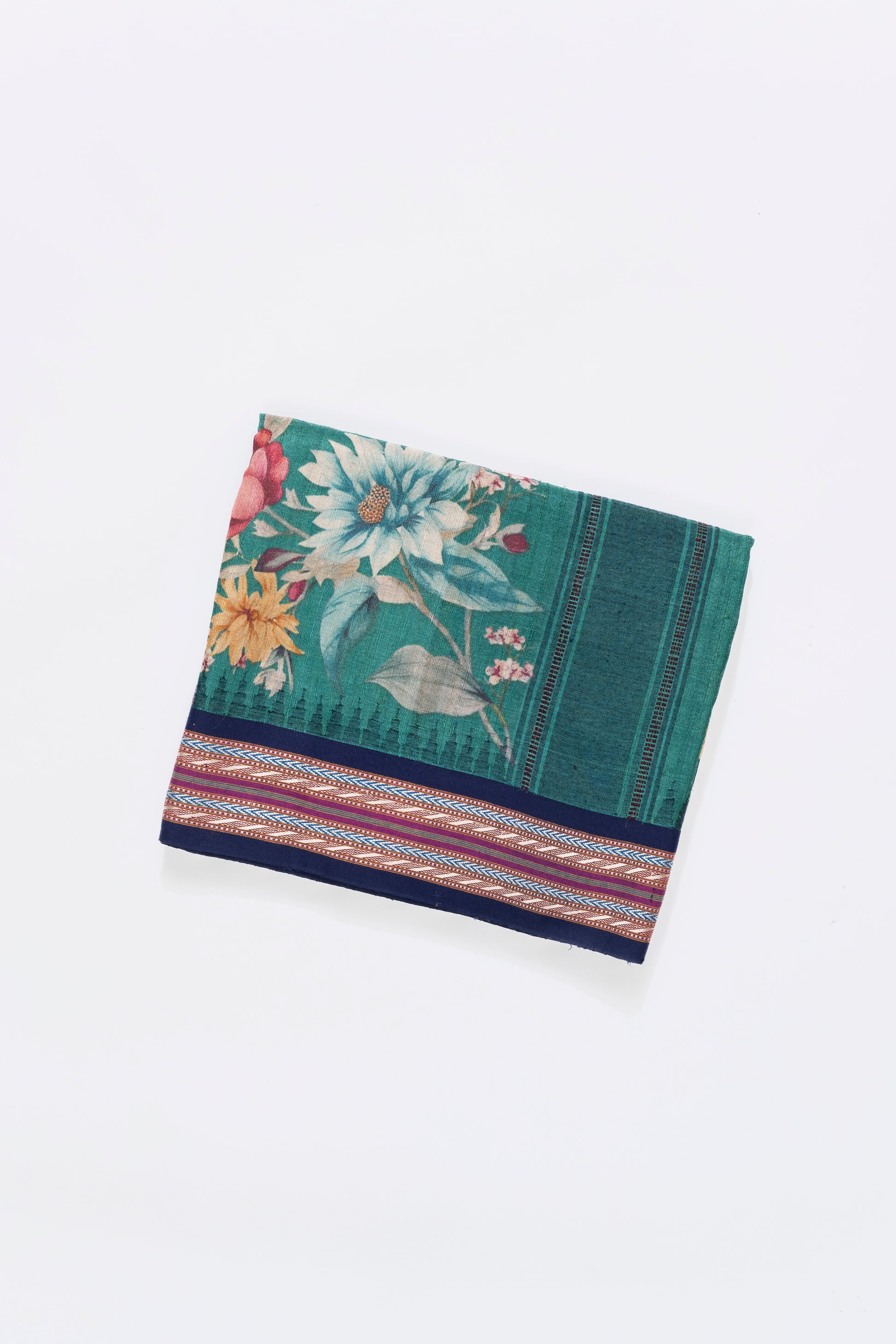 Pine Green And Blue Printed Tussar Silk Saree
