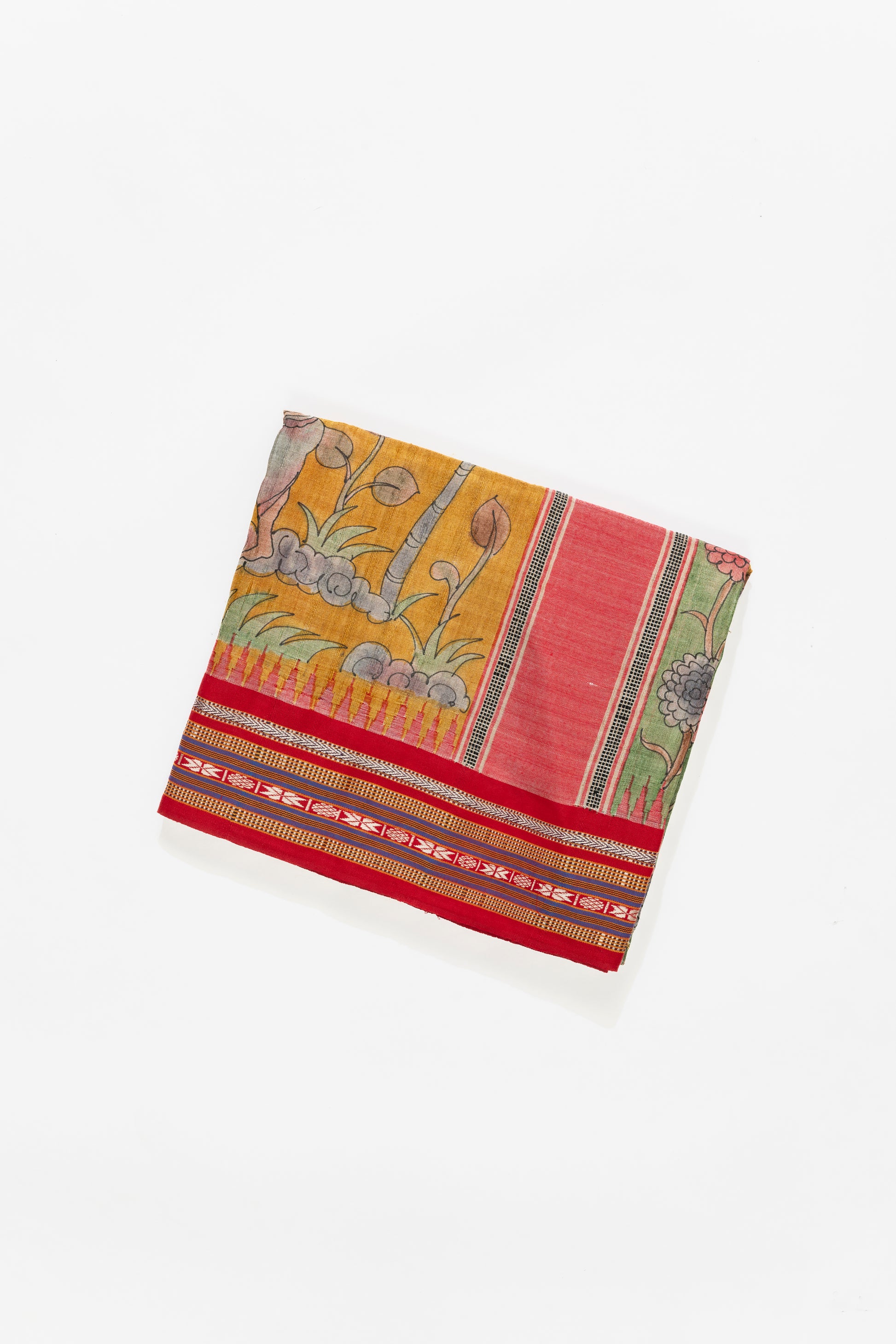 Bright Yellow And Red Kalamkari Printed Tussar Silk Saree