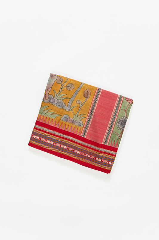 Bright Yellow And Red Kalamkari Printed Tussar Silk Saree