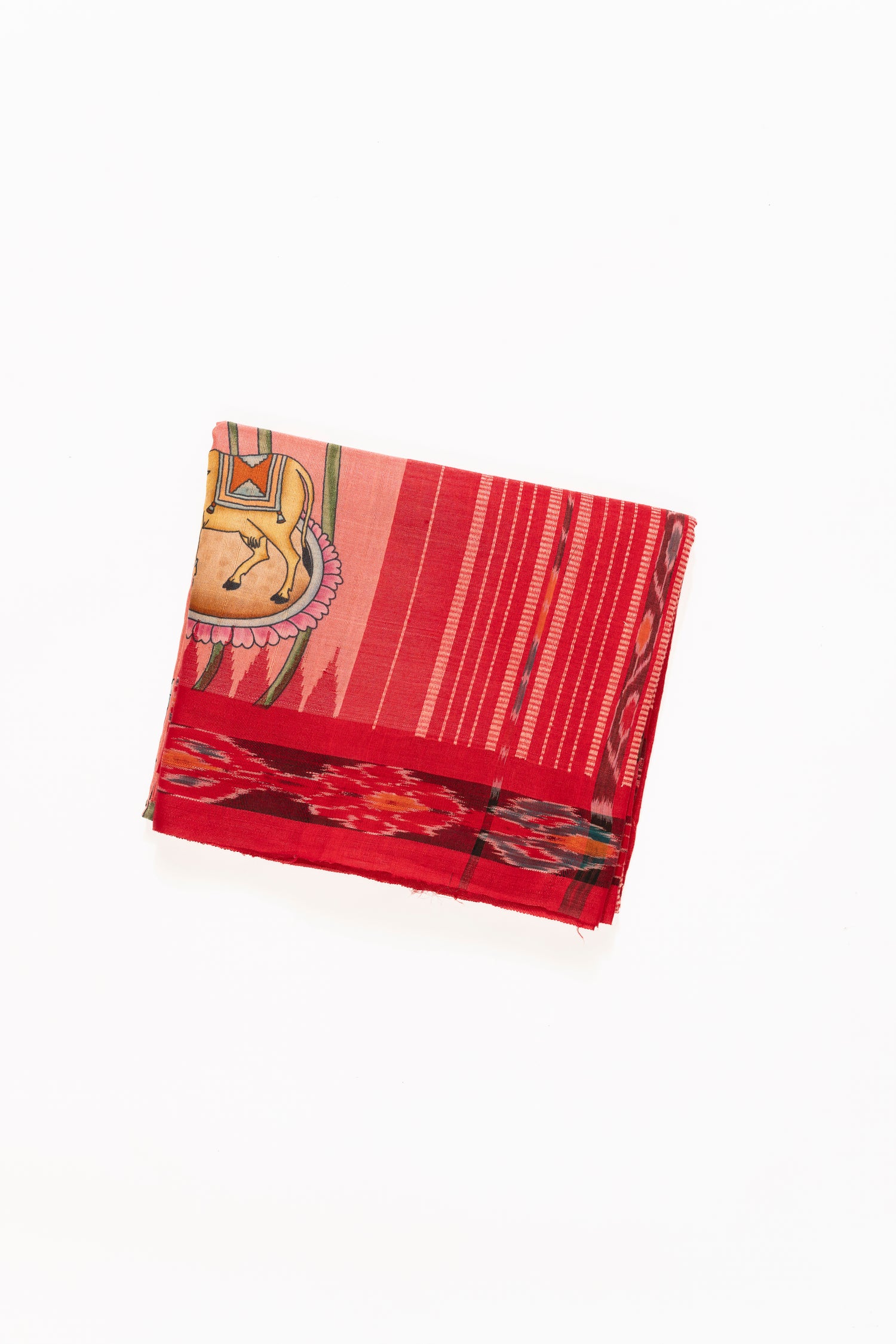 Soft Peach And Red Pichwai Printed Tussar Silk Saree