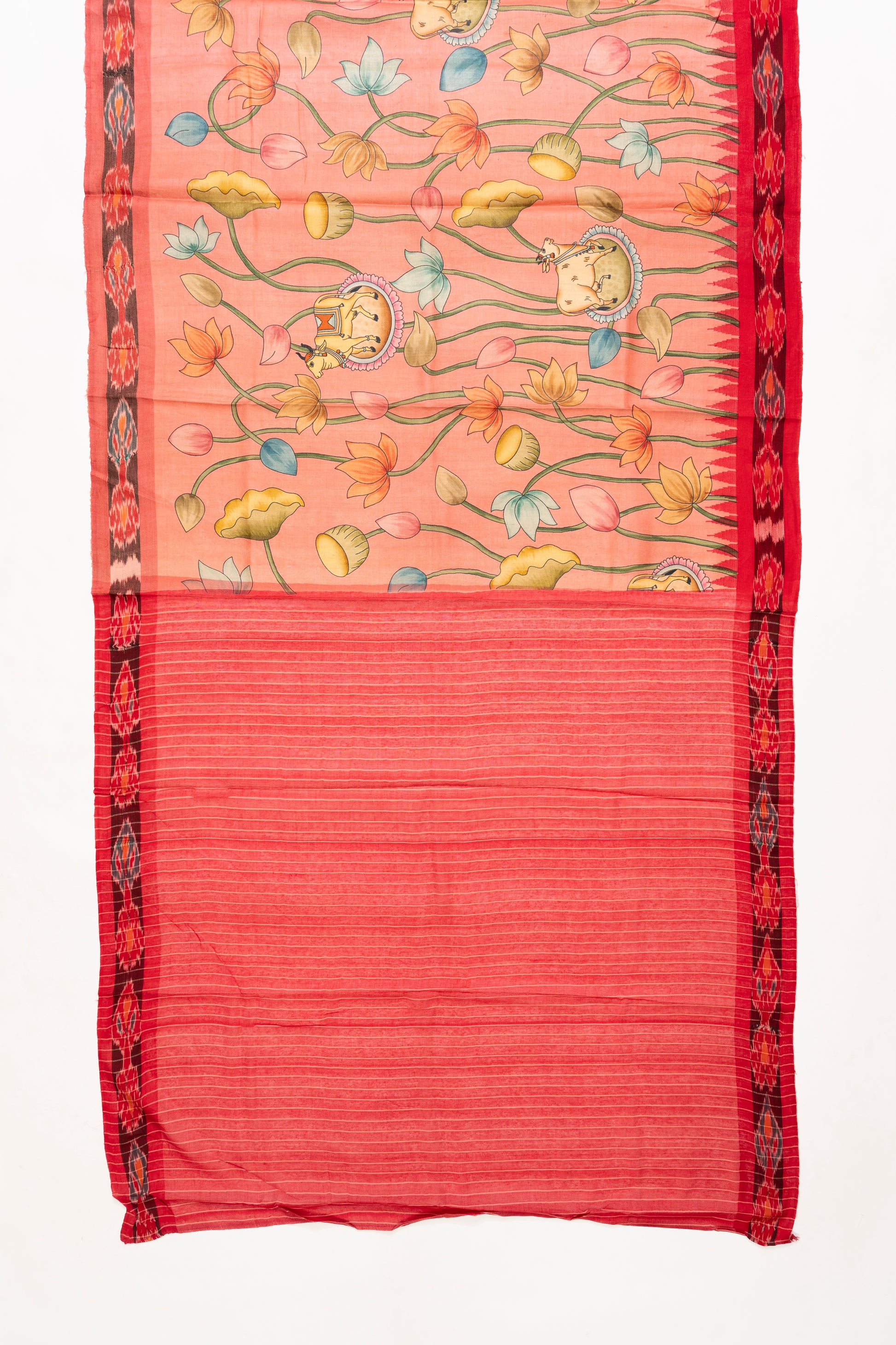 Soft Peach And Red Pichwai Printed Tussar Silk Saree