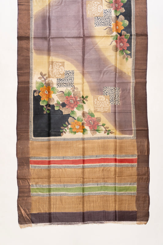 Purple & Black Floral Printed Bhagalpur Silk Saree