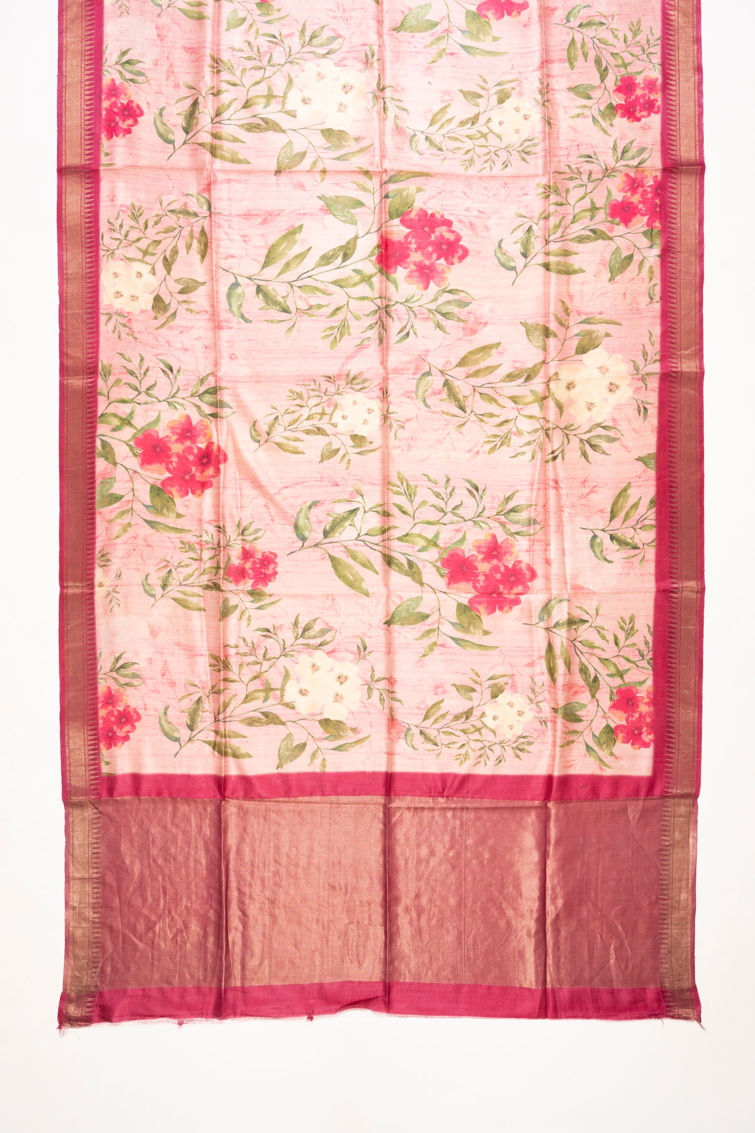 Peach Pink Floral Printed Bhagalpur Silk Saree