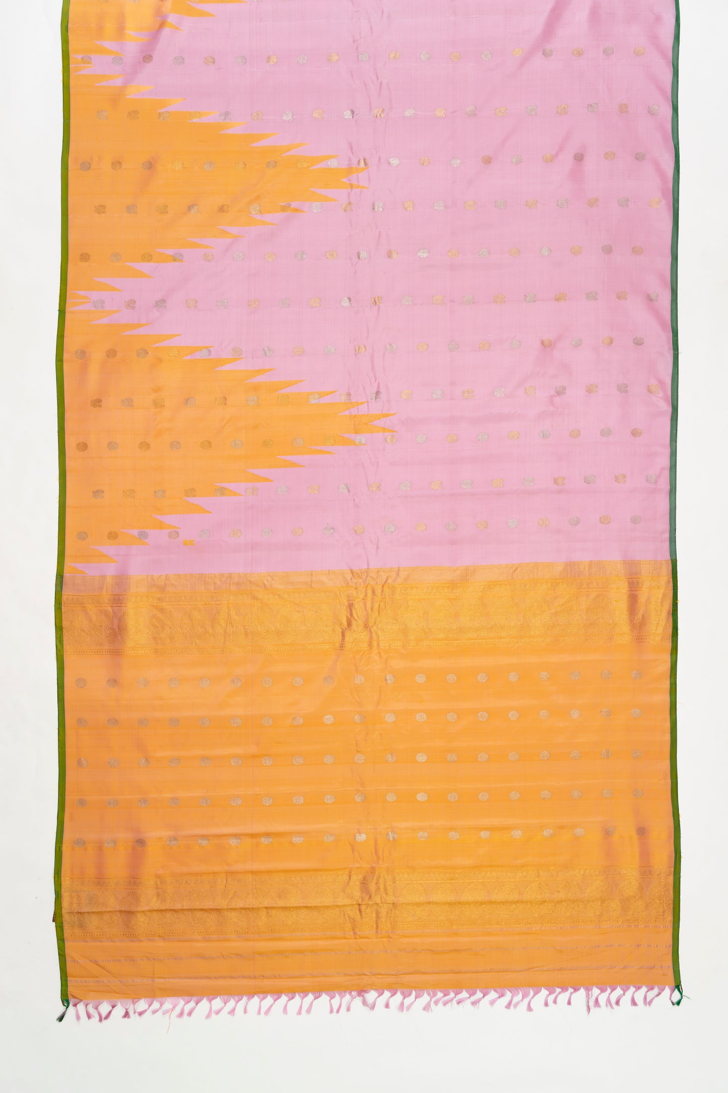 Baby Pink & Yellow Gadwal Pattu Silk Saree With Temple Border