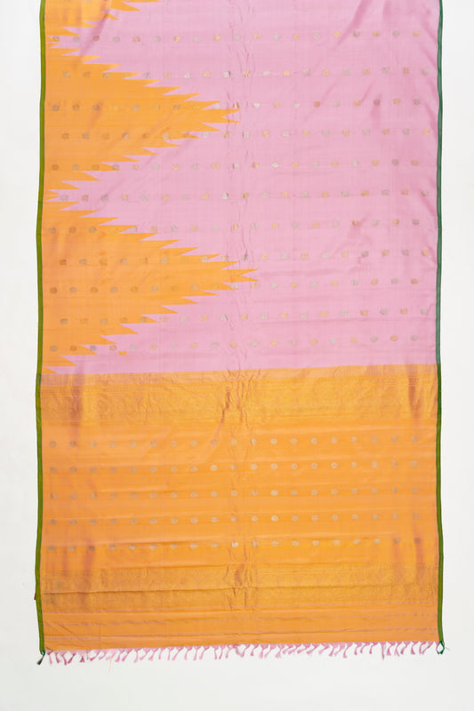 Baby Pink & Yellow Gadwal Pattu Silk Saree With Temple Border