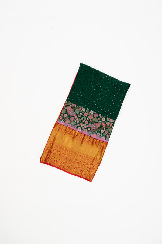 Green And Red Kanchi Bandhini Saree With Embroidery