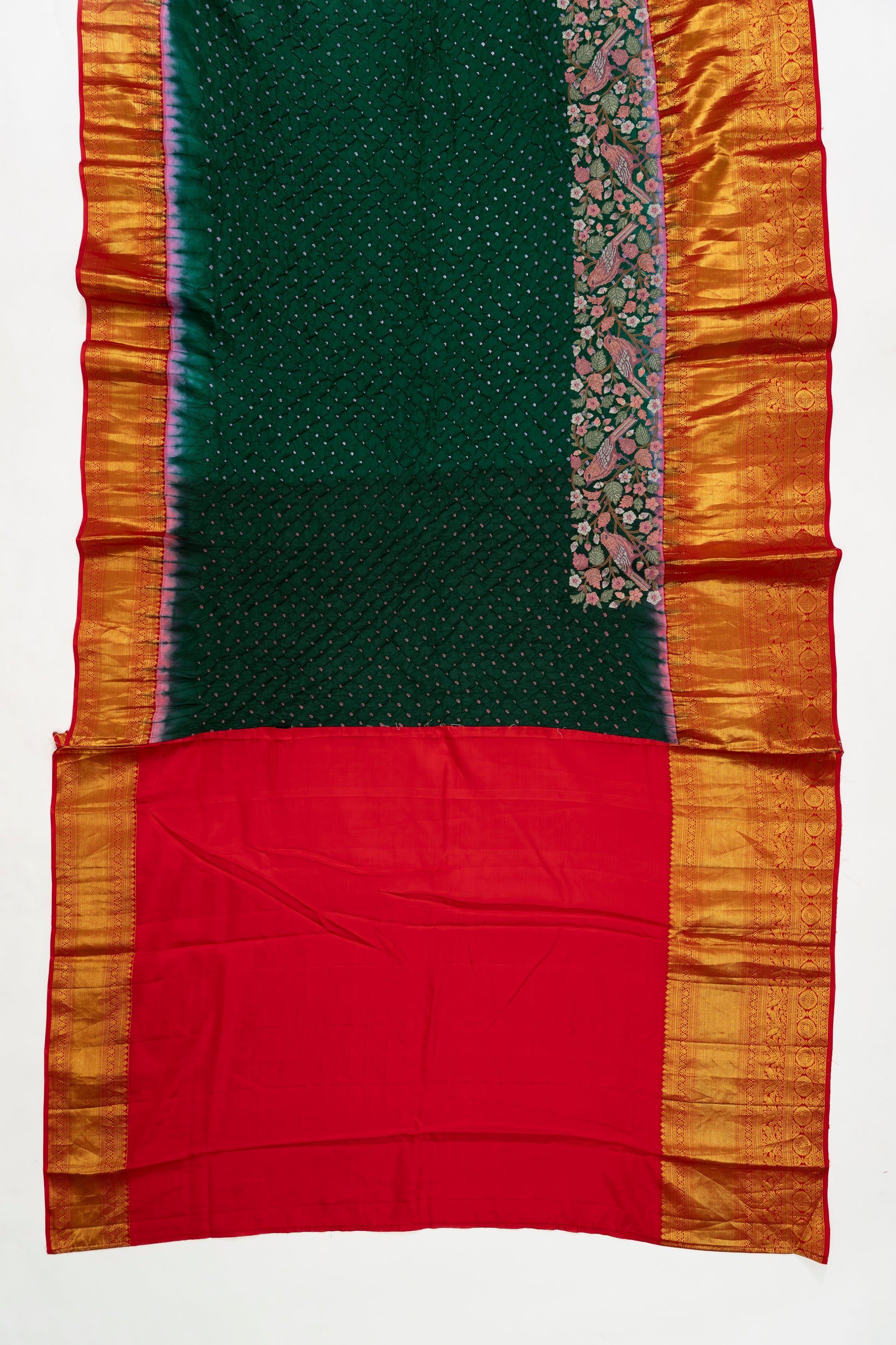 Green And Red Kanchi Bandhini Saree With Embroidery