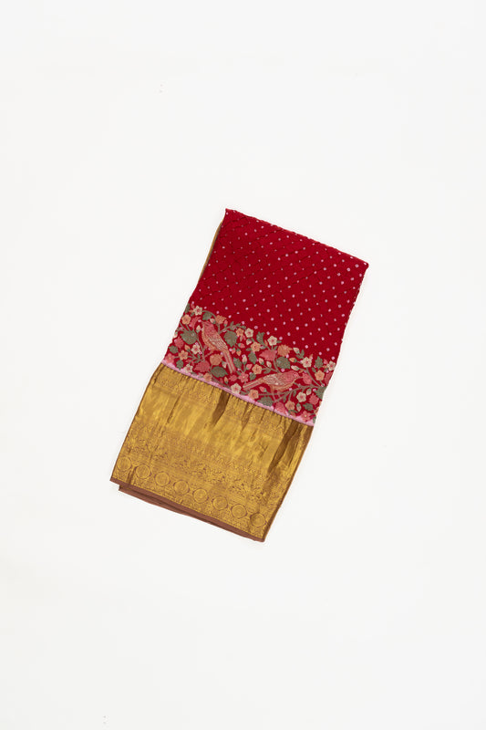 Red And Gold Kanchi Bandhini Saree With Embroidery