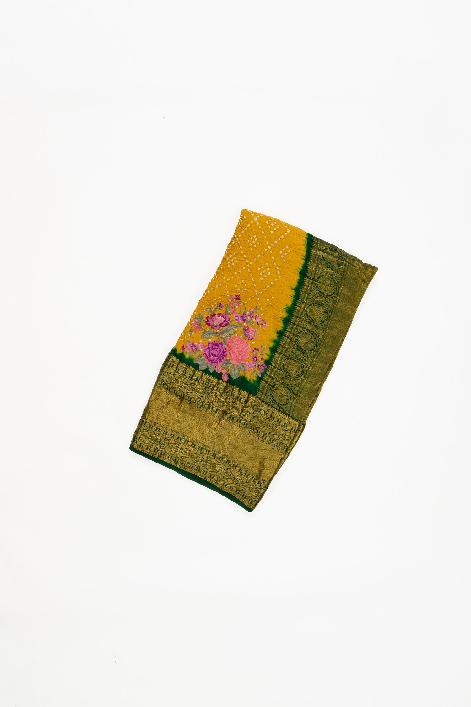Honey Yellow And Green Kanchi Bandhini Saree With Embroidery