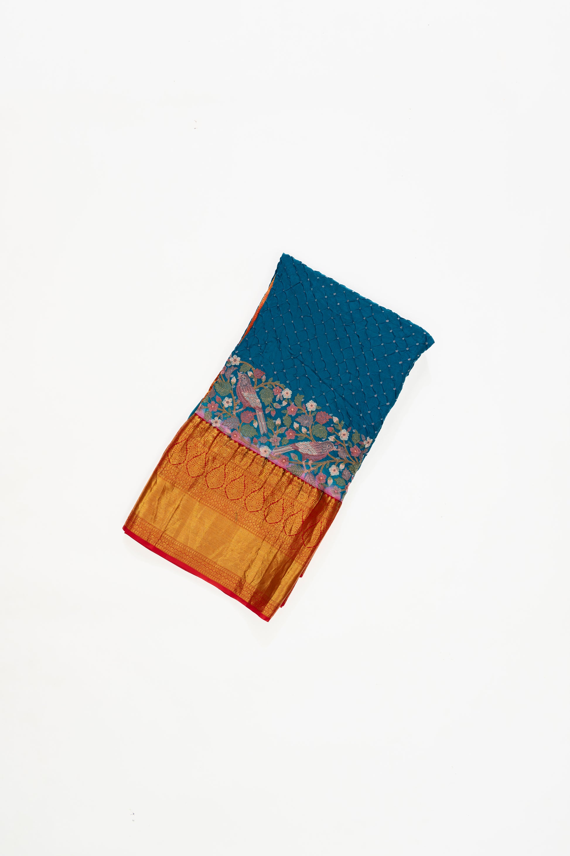 Mavericks Blue And Red Kanchi Bandhini Saree With Embroidery