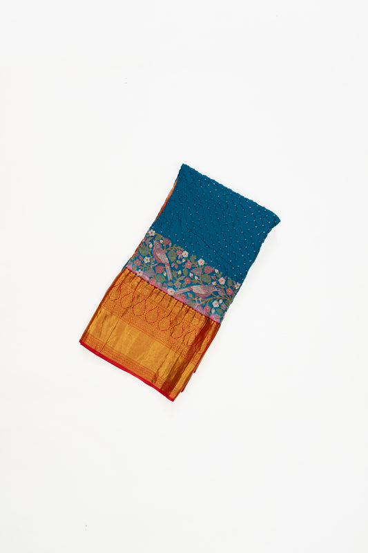 Mavericks Blue And Red Kanchi Bandhini Saree With Embroidery