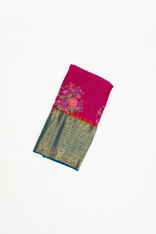 Cherry Pink And Blue Kanchi Bandhini Saree With Embroidery