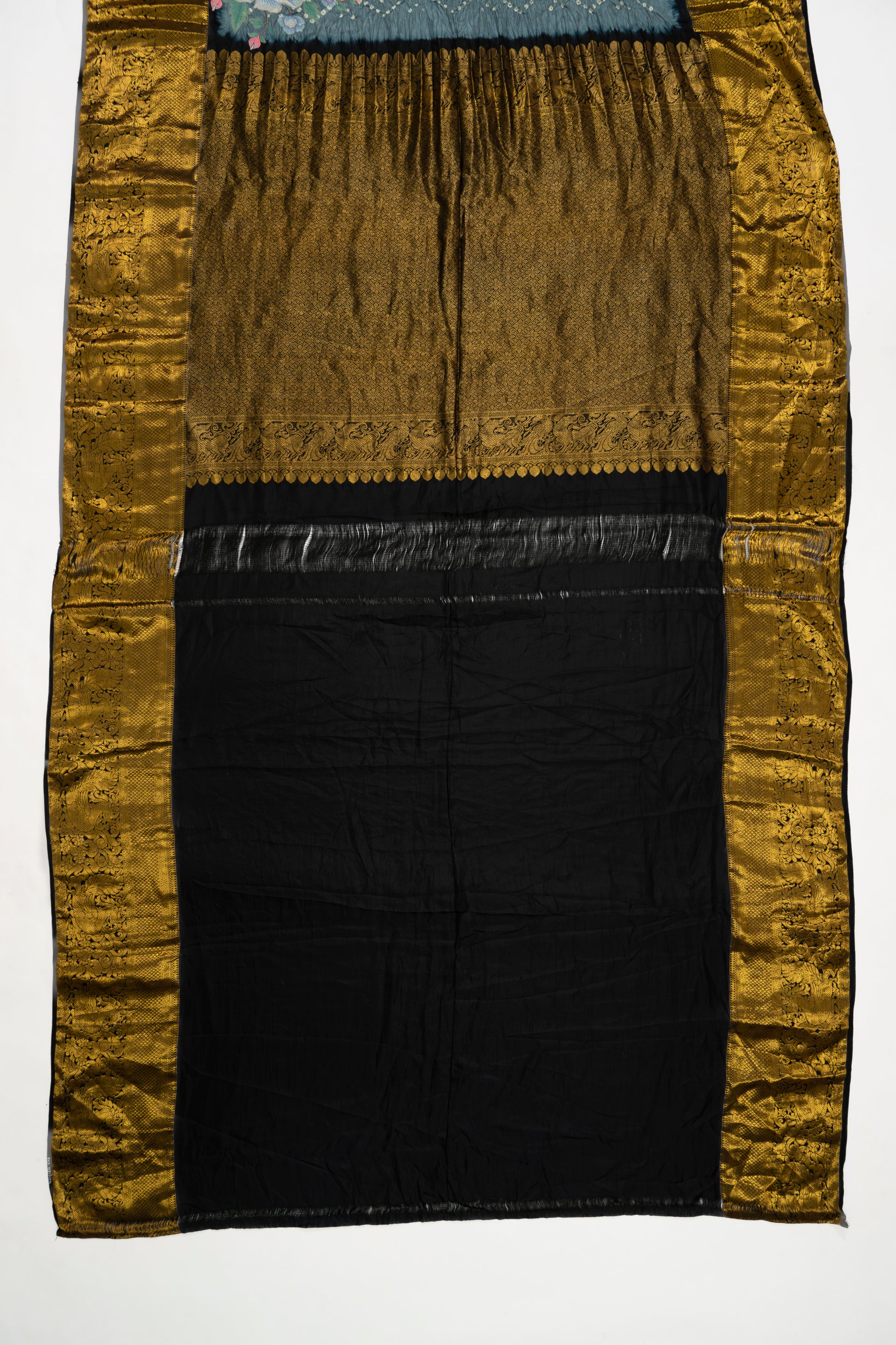 Grey And Black Kanchi Bandhini Saree With Embroidery